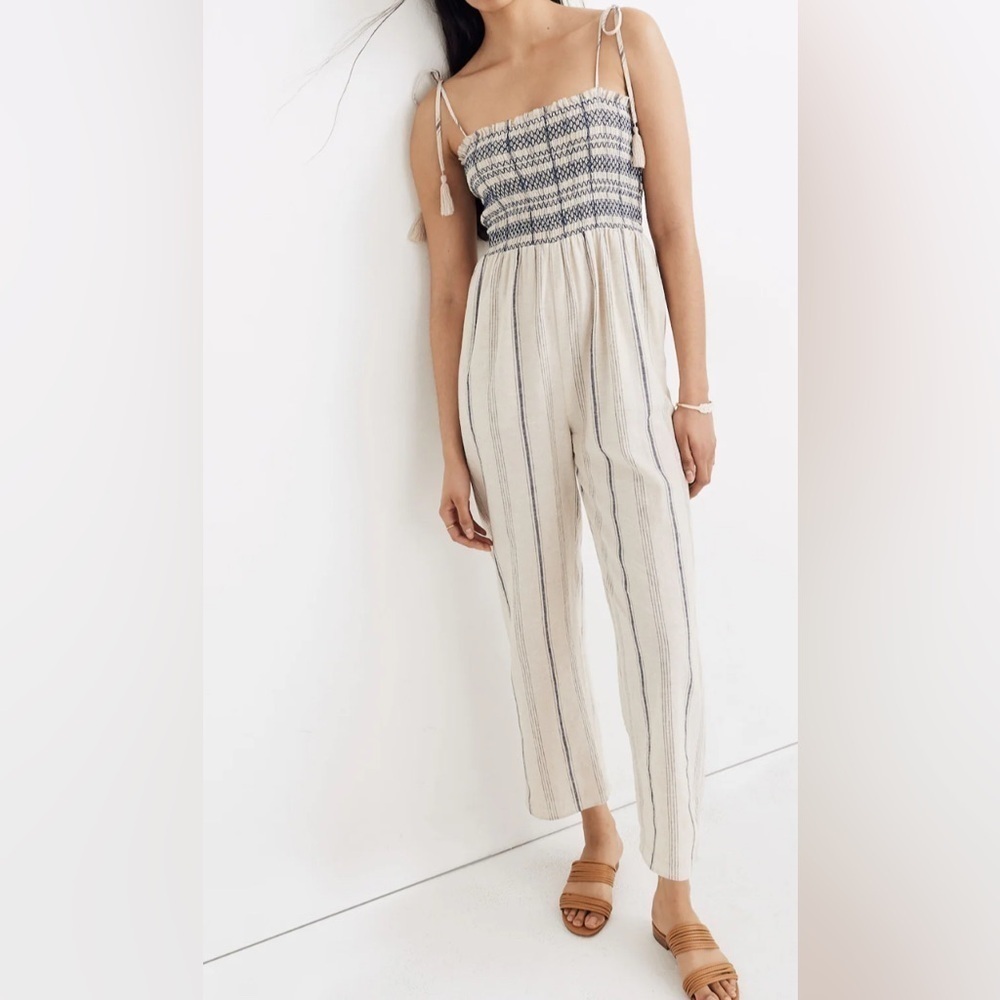 Madewell Smocked Cami Jumpsuit Small Striped Linen Cotton Tie Strap Shoulder XXS